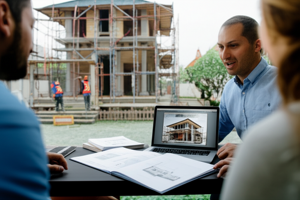 A contractor in Bali reviewing a renovation portfolio with a client, showcasing completed projects and design adaptations.