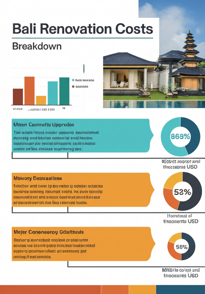 Infographic detailing the varying costs of building renovations in Bali, from minor upgrades to major structural overhauls, including examples of potential savings strategies.