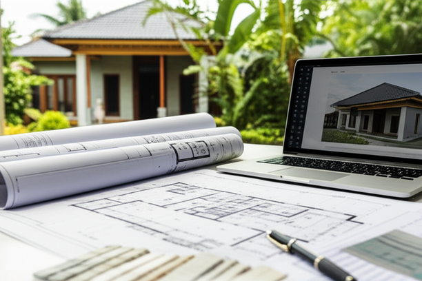 Architectural blueprints and building materials for a house renovation in Bali, emphasizing planning and design.
