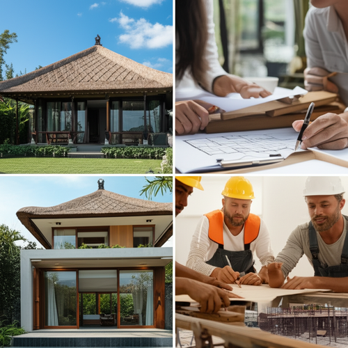 Visual representation of key elements for a successful Bali renovation project including portfolio, legal compliance, communication, client satisfaction, and local expertise.
