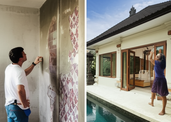 Before and after comparison of a poorly executed and expertly executed residential renovation in Bali, illustrating the importance of choosing the right contractor.