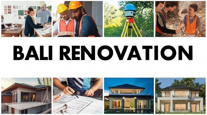 Illustration showing the stages of a Bali home renovation from initial concept to completion.