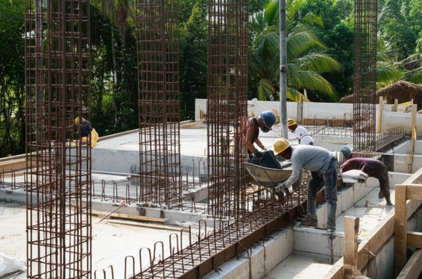 Construction workers in Bali reinforcing concrete structure with rebar for earthquake resistance during renovation.