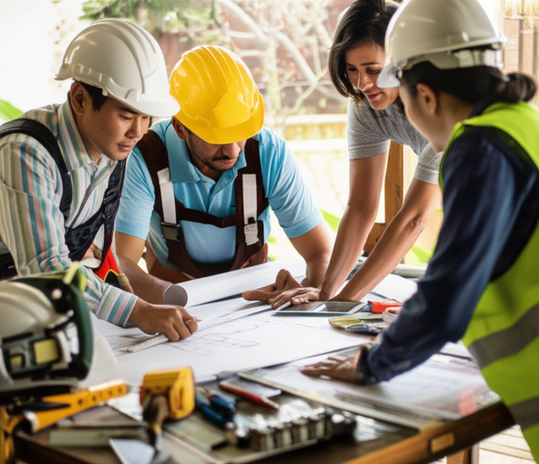 Illustration of a team of professionals working on a building renovation in Bali, including an architect, builder, project manager, and interior designer, collaborating on a project.