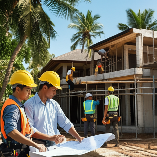 Residential building contractor in Bali overseeing the construction of a villa, managing subcontractors, and ensuring adherence to building codes.