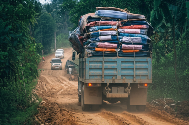 A truck navigating a narrow, unpaved road in Bali, representing the logistical challenges of villa construction.