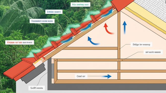 Diagram showing the flow of air through a well-ventilated roof in a tropical climate.