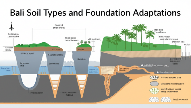 Diagram illustrating Bali's diverse soil types and appropriate foundation adaptations for construction projects.