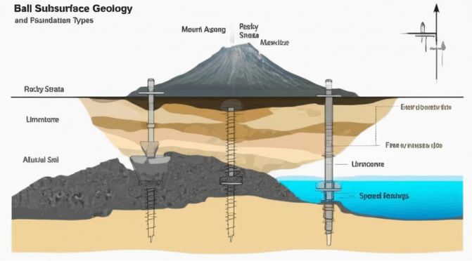 Illustration of Bali's geological layers and different foundation types, showcasing the need for tailored construction approaches.