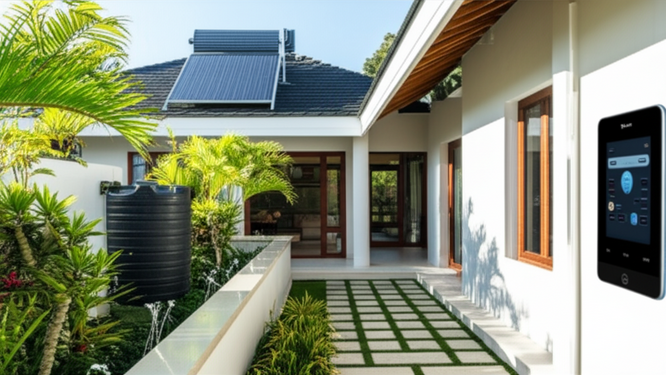 A modern villa in Bali with solar water heaters, rainwater harvesting, and smart home water management systems, demonstrating sustainable living.
