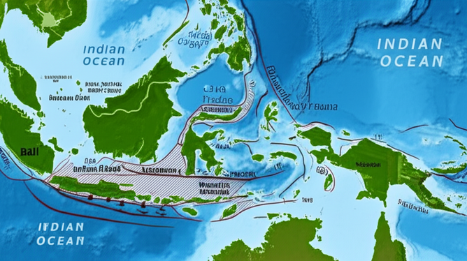 Geological map of Bali showing the Indian Plate subducting under the Sunda Plate, highlighting the Sunda Trench and seismic zones.