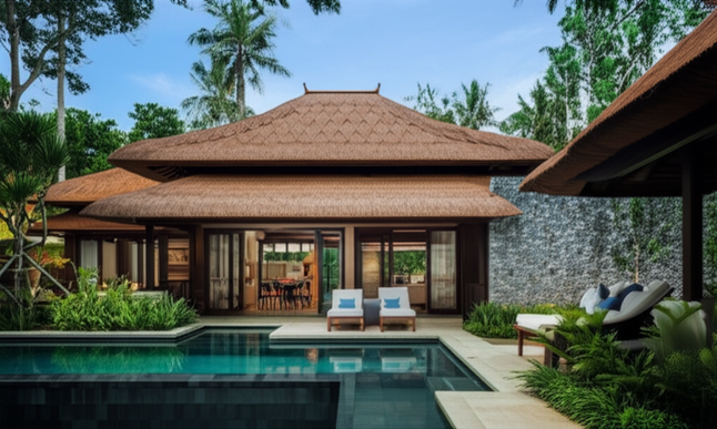 Architectural rendering of a luxurious Bali villa with open-plan design and traditional Balinese elements.