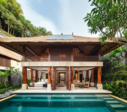 Architectural rendering of a luxurious Bali villa showcasing traditional Balinese and modern tropical design elements, with sustainable features.