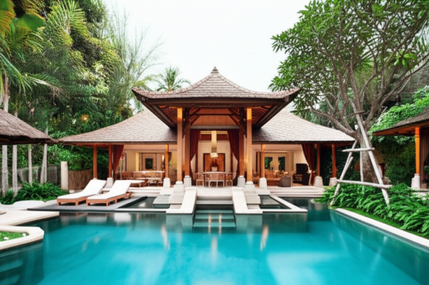 Architectural rendering of a luxurious Bali villa with open-air pavilions, a swimming pool, and lush gardens, showcasing a blend of modern and traditional Balinese design.