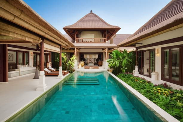 Architectural rendering of a luxurious Bali villa showcasing open-plan living, tropical gardens, and traditional Balinese design elements.