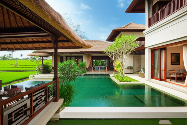 A luxurious Bali villa blending traditional and modern architectural styles, with an open-plan design and emphasis on natural elements.