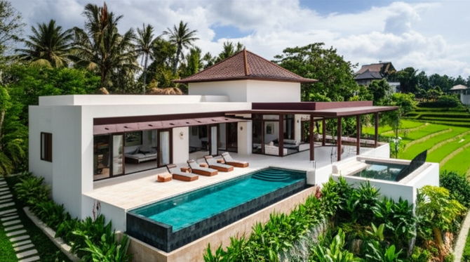 Architectural rendering of a modern villa in Bali, showcasing design and integration with the tropical landscape.