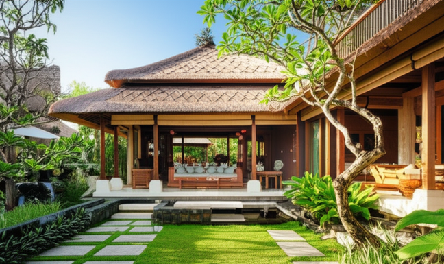 Architectural rendering of a beautiful Bali villa with open-air living spaces, a thatched roof, and lush tropical gardens, showcasing sustainable design and harmony with the natural environment.