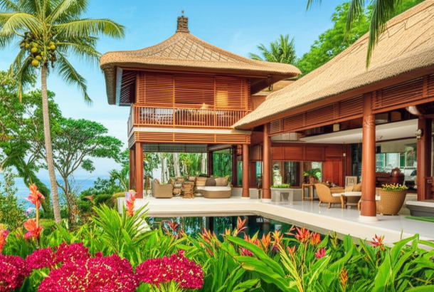 Architectural rendering of a modern villa in Bali, showcasing a blend of traditional and contemporary design elements.