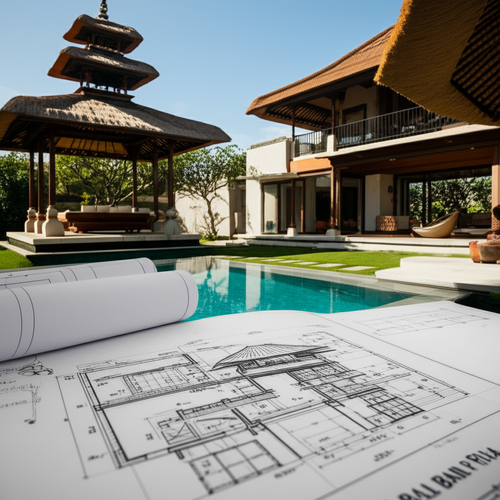 Architectural rendering of a Balinese villa with blueprint overlay, illustrating the planning and design phase of construction.