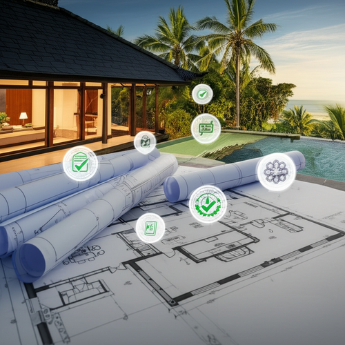 Architectural blueprint of a Bali villa, showcasing regulatory compliance and building permits.