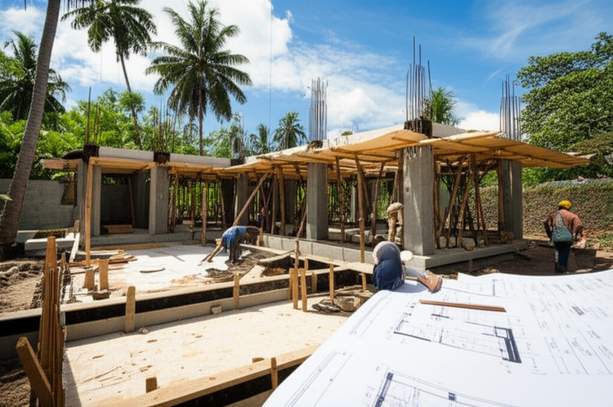 Construction of a Balinese villa, showing the blueprint being brought to life with foundation work and framing.