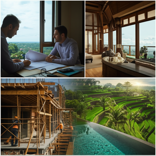 Illustration of the Bali villa build process: architectural design, construction, and completed villa with an infinity pool.