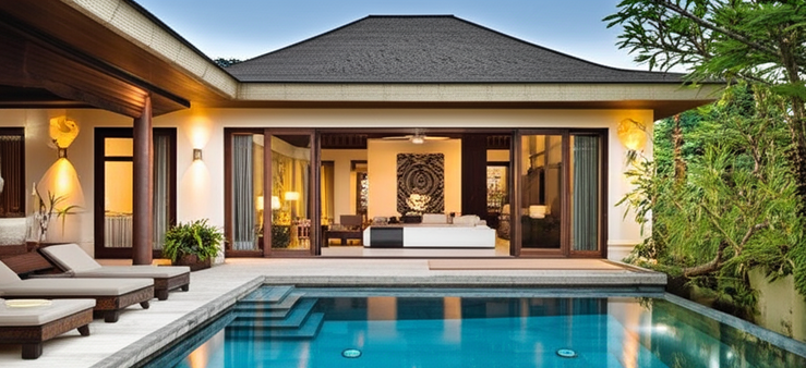 Architectural rendering of a modern Bali villa with open-plan living and an infinity pool