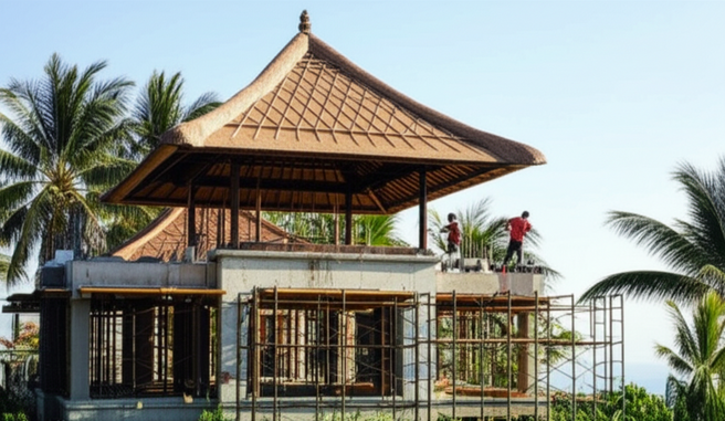Construction of a luxury Bali villa with traditional and modern elements.