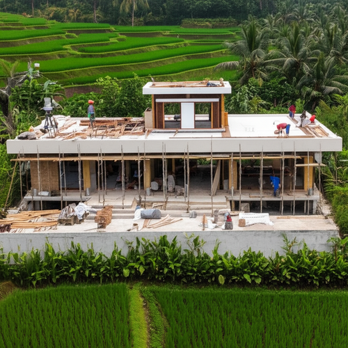 Modern villa under construction in Bali, showcasing Balinese architecture and the beauty of the surroundings.