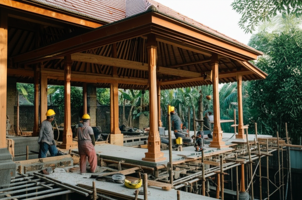 Construction of a luxury villa in Bali, showcasing quality craftsmanship and local architecture.