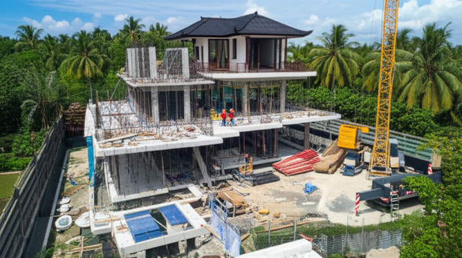 Illustration of a modern villa under construction in Bali, showcasing a blend of traditional Balinese architecture and modern construction techniques.