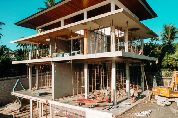 Construction of a luxury villa in Bali, showcasing architectural design and craftsmanship.