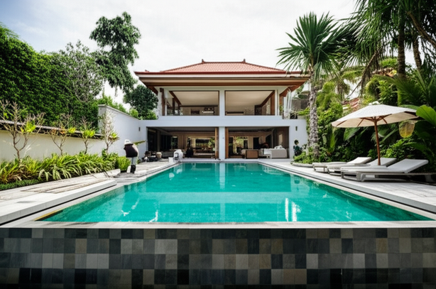 Architectural rendering of a luxury villa under construction in Bali, showcasing open-plan design, a swimming pool, and lush tropical landscaping.