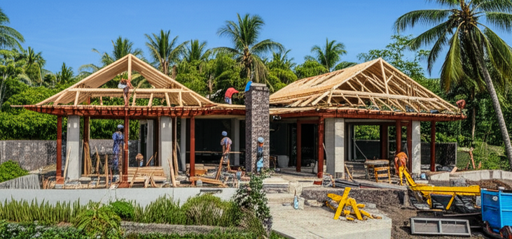 Construction of a modern tropical villa in Bali, showcasing the role of a residential general contractor in managing the project.