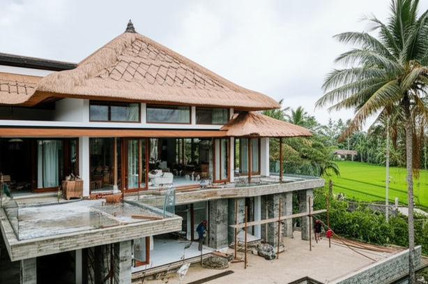 Architectural rendering of a modern villa under construction in Bali, showcasing the blend of traditional Balinese elements with contemporary design and surrounded by lush tropical landscape.