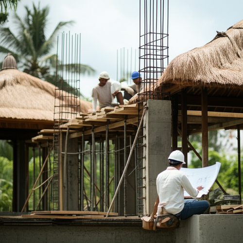 Construction of a luxury villa in Bali, showcasing the integration of Balinese architectural elements and modern building techniques.