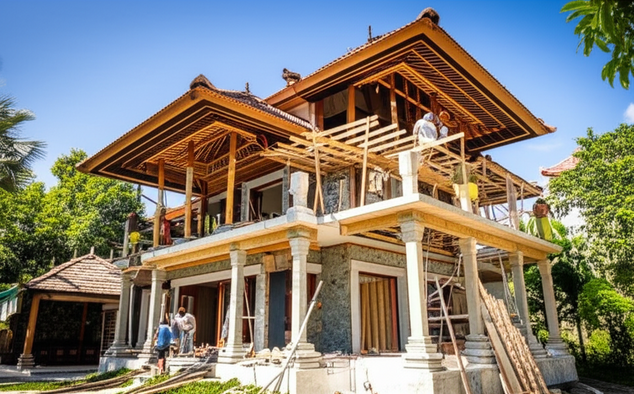 A luxury villa under construction in Bali, showcasing local craftsmanship and blending with the environment.