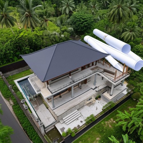 Architectural rendering of a modern Balinese villa under construction, emphasizing legal groundwork and adherence to local building regulations.