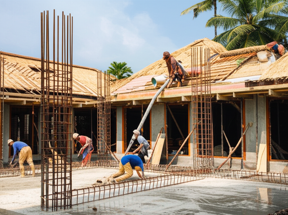 Illustration of a Bali villa under construction, showing various stages from foundation to roofing, highlighting expert craftsmanship and integration with the environment.