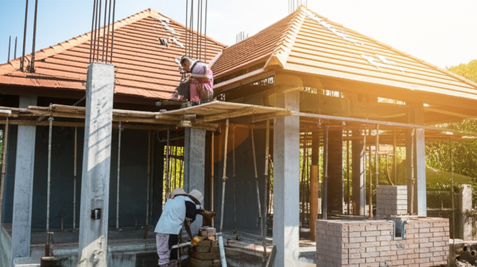Construction of a villa in Bali showing the reinforced concrete frame, bricklaying, roofing, plumbing and electrical installations, showcasing quality materials and workmanship in a tropical setting.