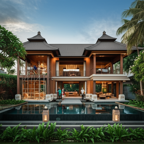 Illustration of a luxurious villa under construction in Bali, highlighting expert craftsmanship and high-quality materials.