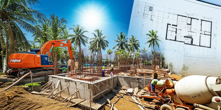 Architectural rendering of a Bali villa under construction, showcasing the foundation, framework, and construction process.