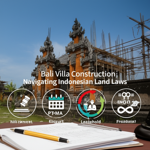 Illustration of the legal aspects of building a villa in Bali, including leasehold, freehold, and PT PMA structures.