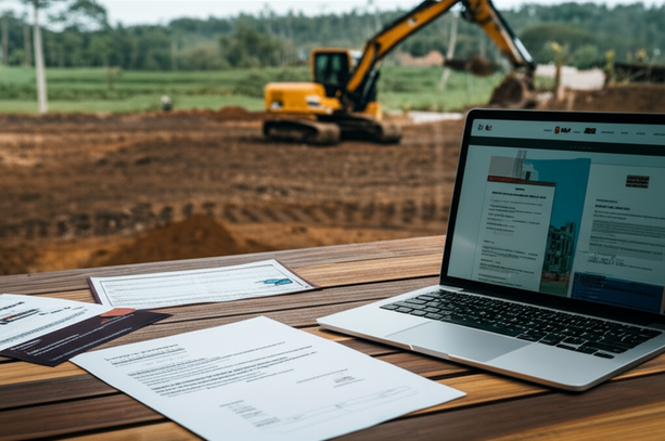 Illustration of the legal and land acquisition process for building a villa in Bali, including permits, land titles, and construction equipment.