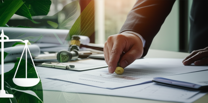 Conceptual illustration showing legal documents, architectural blueprints, Balinese motifs, and a hand pointing to a map, symbolizing the complex process of land acquisition and permit application for villa construction in Bali for foreign investors.