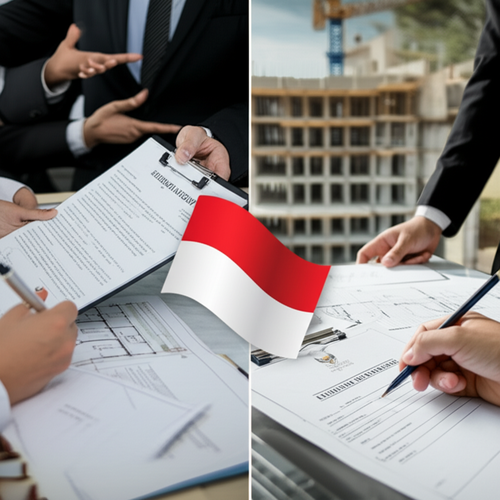 Illustration showing the legal and regulatory process of building a villa in Bali, including leasehold agreements, building permits (PBG), and legal professionals.