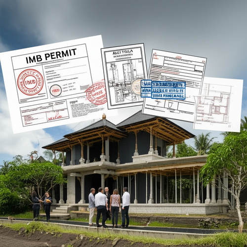 Illustration of the legal process involved in constructing a villa in Bali, including permits, land titles, and legal consultations.