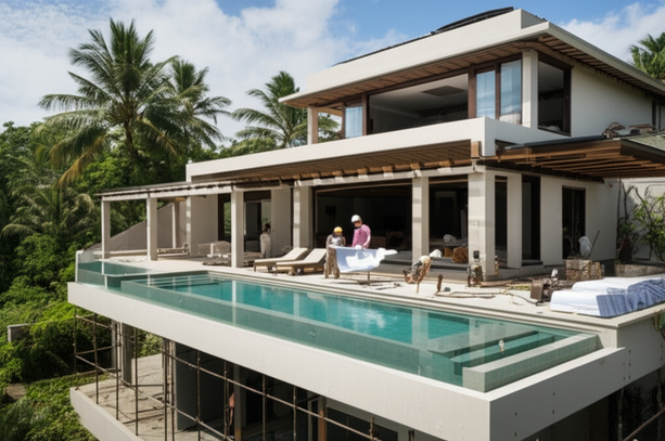 A project manager overseeing the construction of a modern Bali villa, illustrating project management, quality control, and sustainable building practices.