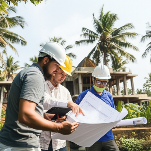 An organized construction site in Bali, featuring an international project management team (project manager, foreman, architect) reviewing plans for a modern luxury villa. The image highlights collaborative communication and attention to detail, signifying strong project management and quality assurance amidst a lush tropical setting.